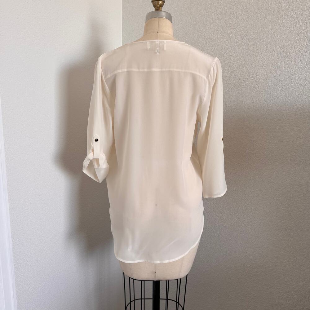 Yumi Kim S Ivory 100% Silk Pintuck Blouse 3/4 Sleeve Black Button Luxury Top - Picture 3 of 10